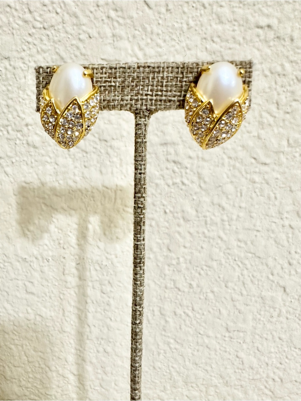 Vintage Gold Plated Pearl and Crystal Leaf Stud Earrings - Clips